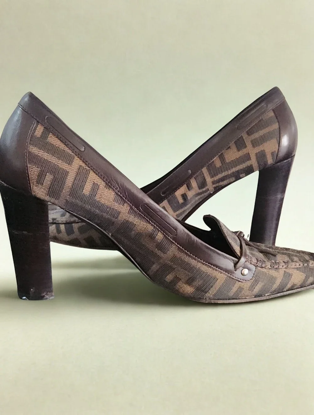 Vintage Fendi Zucca Monogram Canvas Loafer Pump Heels Brown Sz 40